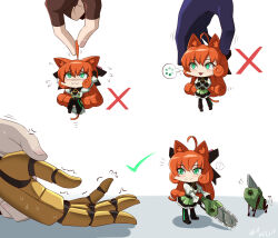 Rule 34 | 1girl, absurdres, alternate hair length, alternate hairstyle, android, animal ears, boots, bow, cat ears, chainsaw, chibi, gloves, green eyes, highres, how to hold x (meme), joints, long hair, meme, orange hair, penny polendina, ribbon, robot joints, rwby, skirt, tail, thigh boots, thighhighs, vilde loh hocen, weapon
