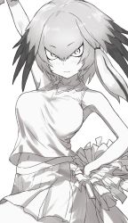 Rule 34 | 10s, 1girl, :|, arm up, bare shoulders, breasts, cheerleader, closed mouth, greyscale, guchico, hair between eyes, hand on own hip, head wings, highres, kemono friends, large breasts, long hair, low ponytail, midriff peek, monochrome, navel, pleated skirt, pom pom (cheerleading), shirt, shoebill (kemono friends), side ponytail, skirt, sleeveless, sleeveless shirt, solo, v-shaped eyebrows, wings