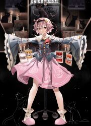 Rule 34 | 1girl, absurdres, bagged milk, blue jacket, cat, english text, floral print, highres, jacket, komeiji satori, long sleeves, looking at viewer, multiple cats, ougiikun, outstretched arms, pink hair, pink skirt, red eyes, short hair, skirt, solo, touhou