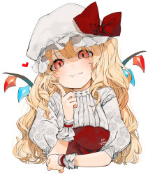 Rule 34 | 1girl, :t, alternate hair length, alternate hairstyle, blonde hair, blush, bow, commentary request, crystal, embellished costume, flandre scarlet, floral print, gotou (nekocat), hand up, hat, hat bow, heart, index finger raised, long hair, looking at viewer, mob cap, open mouth, print sleeves, puffy short sleeves, puffy sleeves, red bow, red eyes, rose print, shirt, short sleeves, signature, simple background, smile, solo, touhou, upper body, watermark, white background, white hat, white shirt, wings, wrist cuffs