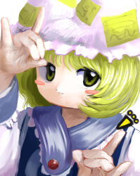 Rule 34 | 1girl, absurdres, blonde hair, blue tabard, blush stickers, fox shadow puppet, hand up, hat, highres, long sleeves, looking at viewer, medium hair, ofuda, ofuda on clothes, smile, solo, tabard, touhou, upper body, white hat, yakumo ran, yakumora n, yellow eyes, zun (style)