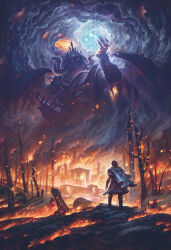 Rule 34 | 2boys, armor, bare tree, beren, black footwear, building, burning, cape, claws, cloud, cloudy sky, colossus, commentary, destruction, embers, english commentary, eyes in shadow, facing away, fake horns, fantasy, fire, giant, glowing, glowing eyes, hand up, helmet, highres, horned helmet, horns, justin gerard, magic, male focus, morgoth, multiple boys, outdoors, pauldrons, realistic, ruins, scenery, shoulder armor, silmaril (gem), sky, standing, the silmarillion, tolkien&#039;s legendarium, tolkien's legendarium, tree, vambraces, white cape, wide shot, wings