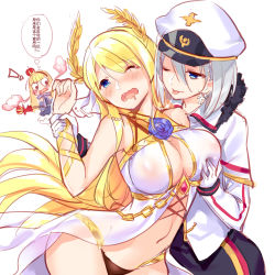 Rule 34 | !, 3girls, armpits, azur lane, bare shoulders, black panties, blonde hair, blue eyes, blush, breasts, chain, cleavage, covered erect nipples, cross, cross earrings, crown, drooling, earrings, fur trim, gloves, grabbing, grabbing another&#039;s breast, hat, holding another&#039;s wrist, jacket, jewelry, large breasts, laurel crown, licking, long hair, military, military uniform, mini crown, multiple girls, navel, one eye closed, panties, peaked cap, queen elizabeth (azur lane), ribbon, saliva, saliva trail, silver hair, silveroid, tears, tirpitz (azur lane), tongue, tongue out, translation request, underwear, uniform, veil, very long hair, victorious (azur lane), white gloves, white hat, white jacket, wrist ribbon, yuri