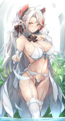 Rule 34 | 1girl, absurdres, ahoge, azur lane, bare shoulders, blush, bra, breasts, bridal gauntlets, bridal veil, bride, bush, cleavage, clothes lift, collarbone, commentary request, cowboy shot, cross, day, dress, garter belt, grey panties, hair ornament, headgear, highleg, highleg panties, highres, iron cross, large breasts, lingerie, long hair, looking at viewer, mole, mole on breast, multicolored hair, navel, panties, parted lips, partially submerged, prinz eugen (azur lane), revealing clothes, short dress, showgirl skirt, sidelocks, silver hair, sitting, skirt, skirt lift, smile, solo, standing, streaked hair, thighhighs, thighs, two side up, underwear, veil, very long hair, wading, water, wedding dress, white bra, white skirt, white thighhighs, yellow eyes, yusha m