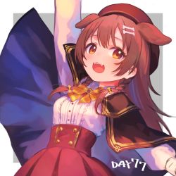 Rule 34 | 1girl, :3, :d, absurdres, animal ears, arm up, bone hair ornament, bow, bowtie, braid, brown cape, brown eyes, brown hair, buttons, cape, center frills, dog ears, fangs, frills, hair between eyes, hair ornament, hairclip, hatomugi seika, high-waist skirt, highres, hololive, inugami korone, inugami korone (street), long hair, looking at viewer, open mouth, red skirt, shirt, side braids, skirt, smile, solo, twin braids, virtual youtuber, white shirt, yellow bow, yellow bowtie