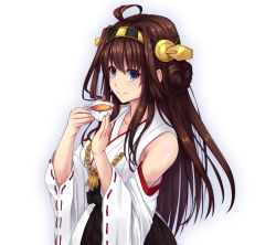 Rule 34 | 10s, 1girl, ahoge, brown hair, cup, detached sleeves, hairband, headgear, japanese clothes, kantai collection, kawano sesera, kongou (kancolle), long hair, looking at viewer, personification, purple eyes, ribbon-trimmed sleeves, ribbon trim, solo, tea, teacup, white background
