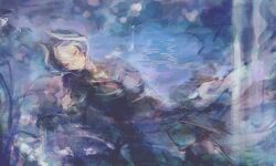 Rule 34 | 1girl, absurdres, black coat, black hair, chinese commentary, coat, cowboy shot, dutch angle, expressionless, from above, hair between eyes, half-closed eyes, highres, looking down, made in abyss, multicolored hair, outdoors, ozen, painterly, partially submerged, ping jiao tu, ripples, short hair, solo, two-tone hair, water, white hair