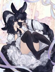 Rule 34 | 1boy, 1girl, absurdres, animal ears, ass, black thighhighs, blue hair, brother and sister, cake, cake slice, commentary request, dress, eye contact, eyepatch, ezenour, food, highres, incest, looking at another, medium hair, original, purple eyes, rabbit boy, rabbit ears, rabbit girl, short hair, siblings, smelling hair, thighhighs