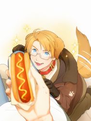 Rule 34 | 2boys, ahoge, america (hetalia), animal ears, axis powers hetalia, blonde hair, blue eyes, bomber jacket, collar, commentary, couch, dog boy, dog ears, facial hair, food, gloves, holding, holding food, hot dog, jacket, kemonomimi mode, kneeling, looking at viewer, looking up, male focus, multiple boys, mustache, sparkle, sweatdrop, symbol-only commentary, tail, tail wagging, to@st