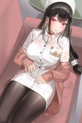 Rule 34 | 1girl, black hair, blush, cardigan, choker, couch, dress, feet out of frame, hat, highres, id card, kfr, lips, long hair, looking at viewer, low tied hair, lying, nurse, nurse cap, on back, original, pantyhose, purple eyes, scrunchie, sidelocks, solo, taut clothes, taut dress, thighs