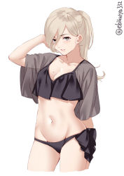 Rule 34 | 1girl, arm up, bikini, black bikini, blonde hair, blush, breasts, cleavage, collarbone, cowboy shot, ebifurya, grey eyes, highres, kantai collection, long hair, looking at viewer, medium breasts, mole, mole under eye, mole under mouth, navel, ponytail, richelieu (kancolle), simple background, solo, stomach, swimsuit, twitter username, white background