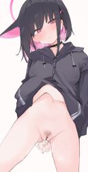 Rule 34 | 1girl, animal ears, black choker, black hair, black jacket, blue archive, blush, cat ears, choker, clothes lift, colored inner hair, extra ears, female pubic hair, gluteal fold, hair ornament, hairclip, halo, highres, hood, hooded jacket, jacket, jacket lift, kazusa (blue archive), looking at viewer, mikozin, multicolored hair, navel, no panties, pink eyes, pink hair, pubic hair, pubic hair peek, pussy juice, short hair, solo, two-tone hair