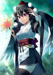 Rule 34 | 1girl, arm up, bird wings, black hair, black skirt, black thighhighs, black wings, blurry, blurry background, breasts, commentary request, cross-laced clothes, feathered wings, hair between eyes, hat, hauchiwa, highres, japanese clothes, kaede (mmkeyy), kourindou tengu costume, large breasts, lips, long sleeves, looking at viewer, miniskirt, obi, obijime, open mouth, pointy ears, pom pom (clothes), rain, ribbon-trimmed clothes, ribbon-trimmed skirt, ribbon trim, sash, shameimaru aya, skirt, solo, thighhighs, tokin hat, touhou, water drop, wet, wet clothes, wet face, wide sleeves, wings