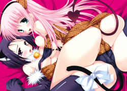 Rule 34 | 00s, 2girls, animal ears, araiguma, ass, bare shoulders, bed, bell, blush, breast press, breasts, cameltoe, cat ears, cat tail, clothes lift, demon tail, elbow gloves, fake animal ears, gloves, green eyes, hairband, lala satalin deviluke, long hair, looking at viewer, looking back, mating press, medium breasts, multiple girls, nipples, open mouth, pink hair, purple eyes, purple hair, ribbon, sairenji haruna, shiny clothes, shiny skin, shirt lift, short hair, spread legs, tail, tail ornament, tail ribbon, take your pick, thighhighs, to love-ru, tribadism, yuri