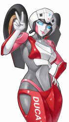 Rule 34 | 1girl, absurdres, arcee, autobot, breasts, ducati, hand on own hip, head tilt, highres, mecha, medium breasts, navel, pink lips, robot, simple background, skylock, smirk, solo, transformers, transformers: rise of the beasts, transformers (live action), v, wheel, white background