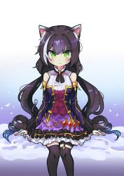 Rule 34 | 1girl, absurdres, animal ear fluff, animal ears, black hair, black thighhighs, blush, cat ears, cat girl, cat tail, closed mouth, garter straps, green eyes, highres, karyl (princess connect!), long hair, looking at viewer, low twintails, multicolored hair, offbeat, over-kneehighs, princess connect!, solo, streaked hair, tail, thighhighs, twintails, very long hair, white hair