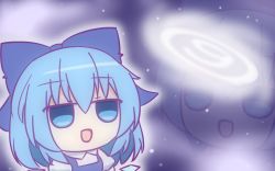 Rule 34 | 1girl, blue bow, blue dress, blue eyes, blue hair, bow, cirno, collared shirt, commentary, commentary request, dress, fumo (doll), hair bow, ice, ice wings, kashimu, meme, open mouth, pinafore dress, shirt, sleeveless, sleeveless dress, space, space cat (meme), star (sky), touhou, white shirt, wings