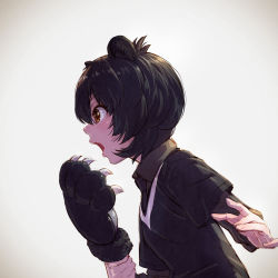 Rule 34 | 10s, 1girl, animal ears, backlighting, bear ears, paw stick, black hair, brown eyes, fang, from side, grey necktie, highres, holding, japanese black bear (kemono friends), kemono friends, long sleeves, md5 mismatch, necktie, nose, open mouth, profile, realistic, resolution mismatch, short hair, solo, source smaller, takami masahiro, upper body