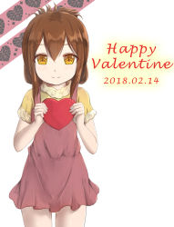 Rule 34 | 1girl, blush, brown eyes, brown hair, closed mouth, commentary, cowboy shot, dated, dress, folded ponytail, hair between eyes, happy valentine, heart, highres, hikari niji, holding, holding heart, inazuma (kancolle), kantai collection, long hair, looking at viewer, pink dress, shirt, short sleeves, sidelocks, sleeveless, sleeveless dress, smile, solo, valentine, white background, yellow shirt