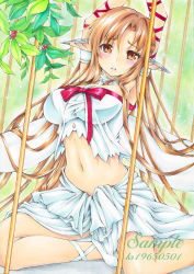 Rule 34 | 10s, 1girl, armpits, arms up, asuna (sao), bad id, bad pixiv id, blush, bow, breasts, brown eyes, brown hair, cage, choker, colored pencil (medium), crop top, crop top overhang, dress, dutch angle, ear covers, female focus, highres, kneeling, legs, long hair, looking at viewer, marker (medium), midriff, navel, parted lips, pointy ears, ribbon, sample watermark, solo, soranaka sora, sword art online, tears, text focus, thighs, titania (sao), traditional media, watermark