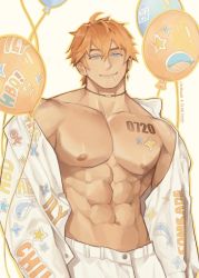 Rule 34 | 1boy, abs, bara, bare pectorals, blue eyes, commentary, earrings, genshin impact, hair between eyes, heithanoll, highres, jacket, jewelry, large pectorals, male focus, mature male, muscular, muscular male, navel, nipples, orange hair, pectorals, single earring, solo, tartaglia (genshin impact)