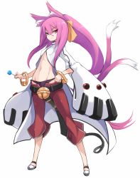 Rule 34 | 1girl, animal ears, bell, belt, black belt, black panties, blazblue, breasts, candy, cat ears, cat girl, cat tail, coat, commentary request, fingernails, food, full body, glasses, grey footwear, groin, hair between eyes, hair ribbon, hand on own hip, highres, holding, holding candy, holding food, holding lollipop, jingle bell, karukan (monjya), kokonoe (blazblue), lollipop, long hair, midriff, multiple tails, navel, opaque glasses, orange ribbon, panties, pants, pince-nez, pink hair, ponytail, red eyes, red pants, ribbon, sidelocks, simple background, small breasts, solo, standing, tail, two tails, underwear, very long hair, white background, white coat
