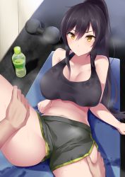Rule 34 | 1girl, absurdres, bare shoulders, black hair, black tank top, blush, bottle, breasts, breasts apart, collarbone, commentary, dolphin shorts, dumbbell, grey shorts, hair between eyes, hands on another&#039;s thighs, highres, idolmaster, idolmaster shiny colors, indoors, large breasts, leg up, long hair, lying, navel, on back, parted bangs, ponytail, raised eyebrows, shirase sakuya, short shorts, shorts, sidelocks, solo focus, stain, steaming body, stretching, sweat, tank top, thick thighs, thighs, yellow eyes, yigra don, yoga mat