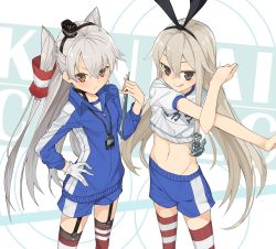 Rule 34 | 10s, 2girls, :p, alternate costume, amatsukaze (kancolle), anchor hair ornament, blonde hair, brown eyes, clipboard, crop top, garter straps, gloves, grey eyes, gym uniform, hair ornament, hair ribbon, hair tubes, hand on own hip, hat, hayashi kewi, jacket, kantai collection, licking lips, long hair, long sleeves, midriff, multiple girls, navel, puffy short sleeves, puffy sleeves, red legwear, ribbon, shimakaze (kancolle), short sleeves, shorts, silver hair, single glove, smile, standing, stopwatch, striped clothes, striped legwear, striped thighhighs, thighhighs, tongue, tongue out, track jacket, two side up, very long hair, watch, white gloves