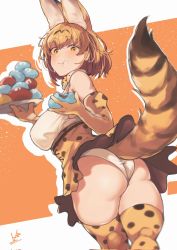 Rule 34 | 1girl, :t, animal ear fluff, animal ears, animal print, ass, bare shoulders, black hair, blonde hair, bow, bowtie, breasts, closed mouth, colored inner hair, eating, elbow gloves, extra ears, food, food on face, from behind, gloves, hands up, high-waist skirt, highres, holding, holding food, holding tray, iparupua, japari bun, kemono friends, large breasts, looking at viewer, looking back, medium hair, microskirt, multicolored hair, panties, print bow, print bowtie, print gloves, print skirt, print thighhighs, serval (kemono friends), serval print, shirt, skirt, sleeveless, sleeveless shirt, smile, solo, striped tail, tail, thighhighs, tray, two-tone hair, underwear, walking, wedgie, white panties, yellow eyes