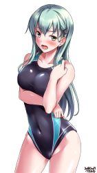 Rule 34 | 1girl, alternate costume, aqua hair, arm under breasts, blush, breasts, competition swimsuit, covered navel, cowboy shot, grey eyes, groin, hair ornament, hairclip, hand up, highres, kantai collection, long hair, looking at viewer, medium breasts, one-piece swimsuit, open mouth, sidelocks, signature, simple background, solo, standing, suzuya (kancolle), swimsuit, taut clothes, taut swimsuit, thighs, tsuchimiya, white background