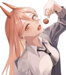 Rule 34 | 1girl, arm up, bad id, bad twitter id, black necktie, blonde hair, breasts, candy, chainsaw man, chupa chups, collared shirt, cross-shaped pupils, fingernails, food, grey jacket, grey shirt, hair between eyes, hand up, highres, horns, jacket, kim leeyoon, lollipop, long fingernails, long hair, long sleeves, looking to the side, medium breasts, nail polish, necktie, open clothes, open jacket, open mouth, orange eyes, pink nails, power (chainsaw man), sharp teeth, shirt, simple background, solo, symbol-shaped pupils, teeth, tongue, upper body, white background, wing collar