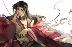 1boy black_collar black_eyes black_hair branch chinese_clothes coat code:_kite collar cup curtained_hair dangle_earrings earrings guo_jia_(code:_kite) hand_on_own_chin hanfu highres holding holding_cup jewelry leaf long_hair long_sleeves male_focus mian_zi_fangqi_wangxiang off_shoulder open_clothes open_coat parted_bangs parted_lips pectoral_cleavage pectorals red_coat red_sash robe sash sideways_glance simple_background smile solo string string_of_fate tareme upper_body white_background white_robe wide_sleeves