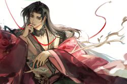 Rule 34 | 1boy, black collar, black eyes, black hair, branch, chinese clothes, coat, code: kite, collar, cup, curtained hair, earrings, floating earring, guo jia (code: kite), hand on own chin, hanfu, highres, holding, holding cup, jewelry, leaf, long hair, long sleeves, male focus, mian zi fangqi wangxiang, off shoulder, open clothes, open coat, parted bangs, parted lips, pectoral cleavage, pectorals, red coat, red sash, robe, sash, sideways glance, simple background, smile, solo, string, string of fate, tareme, upper body, white background, white robe, wide sleeves