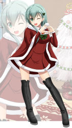 Rule 34 | 1girl, aqua hair, black footwear, boots, cape, christmas tree, dress, full body, fuuma nagi, green eyes, hair ornament, hairclip, heart, heart hands, highres, kantai collection, long hair, looking at viewer, open mouth, red dress, school uniform, solo, standing, suzuya (kancolle), thigh boots, thighhighs, zoom layer