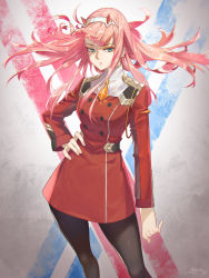 Rule 34 | 10s, 1girl, anson jun, aqua eyes, arm at side, breasts, closed mouth, commentary request, darling in the franxx, dated, frown, hairband, hand on own hip, highres, horns, legs apart, long hair, long sleeves, looking at viewer, medium breasts, military, military uniform, pantyhose, pink hair, red shirt, shirt, solo, standing, uniform, zero two (darling in the franxx)