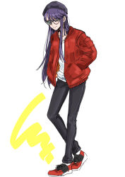 Rule 34 | 1girl, black hat, black pants, cardigan, casual, full body, hands in pockets, hat, heartcatch precure!, long hair, long sleeves, looking at viewer, open cardigan, open clothes, pants, precure, purple hair, red cardigan, red footwear, shirt, shoes, simple background, sneakers, solo, standing, straight hair, tsukikage oyama, tsukikage yuri, very long hair, white background, white shirt