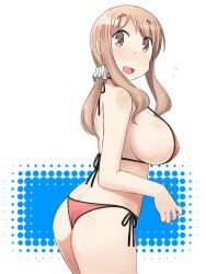 Rule 34 | 1girl, :d, ass, bikini, blush, breasts, brown eyes, brown hair, butt crack, commentary request, flying sweatdrops, from behind, hair ornament, hair scrunchie, katatsuka kouji, large breasts, long hair, looking at viewer, matsumoto yoriko, open mouth, red bikini, scrunchie, side-tie bikini bottom, sidelocks, simple background, smile, solo, standing, swimsuit, teacher, twisted torso, white background, yuyushiki