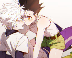 Rule 34 | 2boys, bare shoulders, black hair, blue eyes, boy on top, brown eyes, child, commentary request, face-to-face, gon freecss, green shorts, highres, hunter x hunter, killua zoldyck, male focus, multiple boys, open mouth, shirt, short hair, shorts, spiked hair, tank top, turtleneck, white hair, white shirt, white tank top, yomi4310