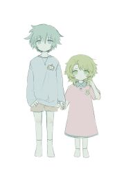 Rule 34 | 1boy, 1girl, aqua eyes, aqua hair, arms at sides, blue shirt, brother and sister, brown shorts, child, closed mouth, collared dress, dot nose, dress, green eyes, green hair, hands up, highres, hiyori sou, jewelry, k (@user-js5uc1lm8x), key, key necklace, kimi ga shine, kizuchi kanna, long sleeves, name tag, necklace, pink dress, shirt, short hair, short sleeves, shorts, siblings, simple background, socks, spiked hair, standing, straight-on, very short hair, white background, white socks