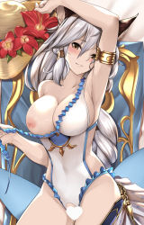 Rule 34 | 1girl, animal ears, arm up, armlet, armpits, bare shoulders, blush, braid, breasts, brown eyes, censored, cleavage, collarbone, covered navel, dakimakura (medium), erune, flower, granblue fantasy, hair between eyes, hair tubes, hat, heart, heart censor, heles, heles (summer) (granblue fantasy), hip focus, large breasts, long hair, nipples, one-piece swimsuit, sidelocks, silver hair, single braid, smile, solo, strap pull, straw hat, swimsuit, thighs, tony guisado, white one-piece swimsuit
