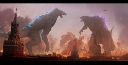 Rule 34 | aircraft, church, city, clock, clock tower, concept art, crossover, day, dusk, fangs, fighting, fire, giant, giant monster, glowing, glowing mouth, glowing spikes, godzilla, godzilla (monsterverse), godzilla (series), godzilla evolved, godzilla x kong: the new empire, helicopter, highres, kaijuu, king kong (series), kremlin clock, legendary pictures, matt allsopp, monster, monsterverse, moscow, moscow kremlin, no humans, official art, open mouth, palace, real world location, russia, saint basil&#039;s cathedral, sharp teeth, shimo (monsterverse), smoke, snow, snowing, spasskaya tower, st basil&#039;s cathedral, storm, teeth, toho, tower, wind