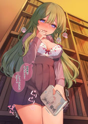 Rule 34 | 1girl, blush, book, bookshelf, bow, bow bra, bra, braid, breasts, cleavage, collared shirt, commentary request, crotch rub, female masturbation, floral print, green hair, hair between eyes, hand on own face, high-waist skirt, highres, holding, holding book, indoors, jacket, library, long hair, long sleeves, looking down, mankai kaika, masturbation, masturbation through clothes, medium breasts, necktie, nose blush, open clothes, open jacket, open mouth, open shirt, original, pleated skirt, print bra, purple eyes, purple jacket, purple shirt, purple skirt, red bow, red necktie, school uniform, shirt, side braid, skirt, solo, thighs, thought bubble, translated, underwear, very long hair, white bra