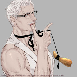 Rule 34 | 1boy, bara, bare arms, bare shoulders, chicken (food), colonel sanders, facial hair, food, from side, glasses, goatee, grey background, i reibun, kfc, large pectorals, licking, licking finger, looking at viewer, male focus, mature male, muscular, muscular male, mustache, old, old man, pectoral cleavage, pectorals, short hair, sideburns, sidepec, solo, tongue, tongue out, upper body, vest, white hair, white vest