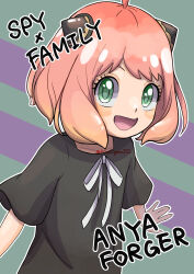 Rule 34 | 1girl, :d, absurdres, anya (spy x family), black shirt, character name, english text, eyelashes, green background, green eyes, hairpods, highres, looking at viewer, open mouth, pink hair, pitorigoto, purple background, shirt, short hair, short sleeves, smile, solo, spy x family, two-tone background