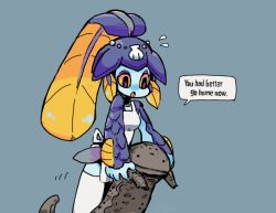 Rule 34 | 1girl, 770mk, apron, blue background, carrying, cowboy shot, doodle, fish girl, looking at another, looking down, minette (skullgirls), open mouth, ponytail, purple eyes, salamander, shell hair ornament, skullgirls, solo, speech bubble, thighhighs