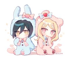 Rule 34 | 1boy, 1girl, akamatsu kaede, alternate costume, animal costume, animal ear hood, animal ears, bad id, bad twitter id, bear costume, bear ears, bear tail, blonde hair, blue bow, blue bowtie, blue pajamas, bow, bowtie, buttons, chibi, closed mouth, commentary, dalrye v3, danganronpa (series), danganronpa v3: killing harmony, eyelashes, fake animal ears, fake tail, fluffy, fortissimo, hair ornament, hand to own mouth, hat, hat bow, heart, hood, light blush, light frown, long hair, musical note, musical note hair ornament, open mouth, pajamas, paw print, pink bow, pink bowtie, pink eyes, pink pajamas, rabbit tail, saihara shuichi, simple background, sitting, smile, sparkle, squeans, star (symbol), strawberry hat ornament, symbol-only commentary, tail, twitter username, white background, yellow eyes
