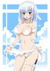 Rule 34 | 1girl, :d, :p, akagiakemi, bikini, blue hair, blush, breasts, cleavage, collarbone, dagger, female focus, hand on own chest, izayoi sakuya, knife, large breasts, maid headdress, navel, open mouth, red eyes, silver hair, smile, solo, sweatband, swimsuit, thigh strap, tongue, tongue out, touhou, weapon, white bikini