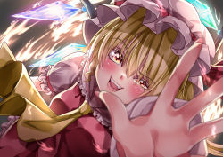 Rule 34 | 1girl, absurdres, ascot, blonde hair, blurry, blurry foreground, breasts, crystal, depth of field, flandre scarlet, frilled shirt collar, frilled skirt, frilled sleeves, frills, glowing, glowing wings, hair between eyes, hat, hat ribbon, highres, looking at viewer, mahoro (minase mahoro), medium hair, mob cap, open mouth, orange eyes, outstretched arm, outstretched hand, puffy short sleeves, puffy sleeves, red ribbon, red skirt, red vest, ribbon, shirt, short sleeves, skirt, skirt set, small breasts, solo, teeth, touhou, upper teeth only, vest, white hat, white shirt, wings, yellow ascot