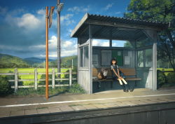 Rule 34 | 1girl, bench, black hair, black socks, blue sky, brown footwear, closed mouth, cloud, day, expressionless, fence, loafers, looking away, looking to the side, medium hair, original, outdoors, scenery, shoes, sitting, sky, socks, solo, utility pole, yoshida seiji