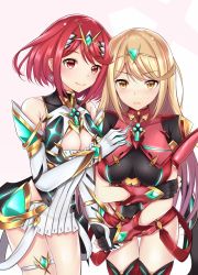 Rule 34 | 2girls,  (cosplay), bare shoulders, blonde hair, breasts, cleavage, cosplay, costume switch, dress, dual persona, earrings, female focus, fingerless gloves, gem, gloves, hair ornament, headpiece, jewelry, large breasts, long hair, looking at viewer, matching hair/eyes, multiple girls, mythra (xenoblade), mythra (xenoblade) (cosplay), nintendo, pyra (xenoblade), red eyes, red hair, short hair, shorts, skindentation, smile, swept bangs, take (s-wab), thigh gap, thigh strap, tiara, very long hair, xenoblade chronicles (series), xenoblade chronicles 2, yellow eyes
